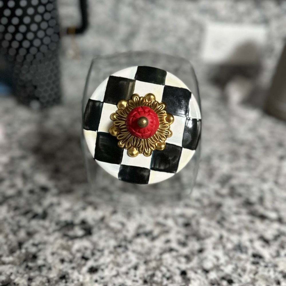 MacKenzie-Childs Black and White Checkered Jar with Red and Gold Top